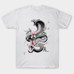 Fierce Cobra Tattoo Style with Cherry Blossoms T-Shirt